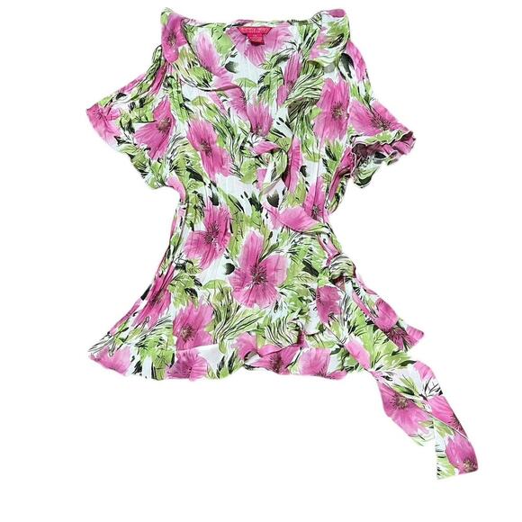 VTG Y2K Sunny Leigh White, Pink & Green Hibiscus Floral Ruffled Wrap Top M - Picture 1 of 7